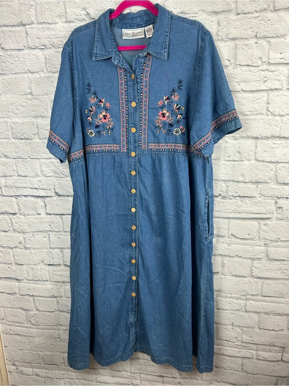 Anna Maxwell 2X Embroidered Denim Maxi Shirt Dress Button Front Pockets Boho - Picture 2 of 8